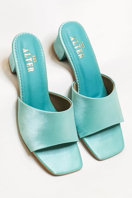 The Alter_Green T-shaped Satin Block Heels _at_Aza_Fashions