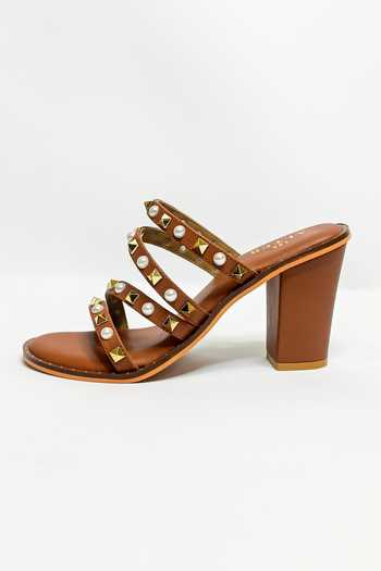 The Alter Brown Studs, Pearls And Strappy Block Heels Online at Aza Fashions The Alter_Brown Studs, Pearls And Strappy Block Heels _Online_at_Aza_Fashions