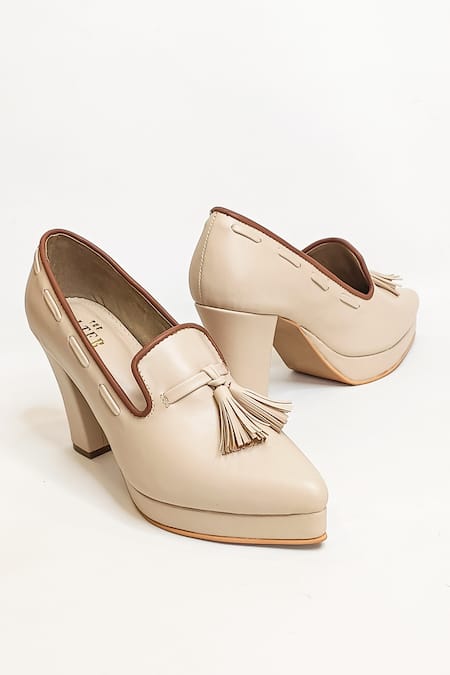 The Alter_Beige Fringe Vanessa Oxford Block Heels _Online_at_Aza_Fashions