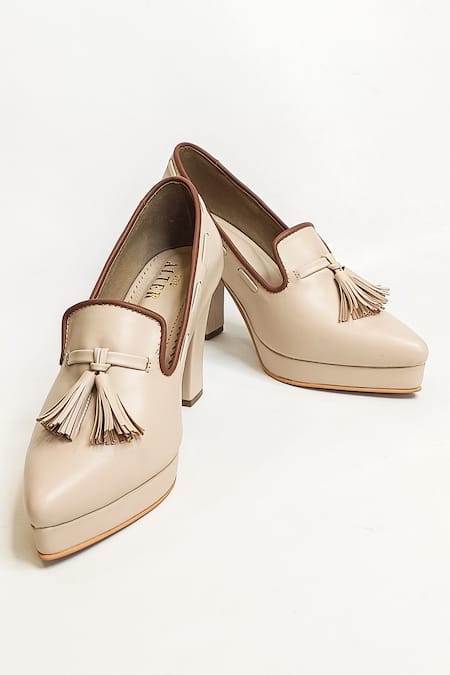 Buy_The Alter_Beige Fringe Vanessa Oxford Block Heels _Online_at_Aza_Fashions