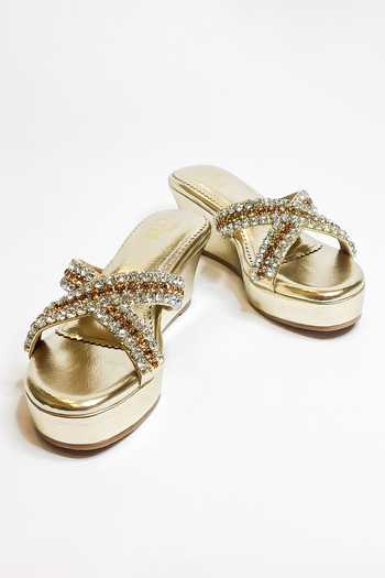 The Alter_Gold Rhinestones Criss Cross Embellished Wedges _Online_at_Aza_Fashions