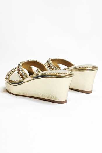 Buy_The Alter_Gold Rhinestones Criss Cross Embellished Wedges _Online_at_Aza_Fashions