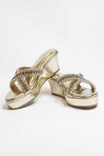 Shop_The Alter_Gold Rhinestones Criss Cross Embellished Wedges _Online_at_Aza_Fashions