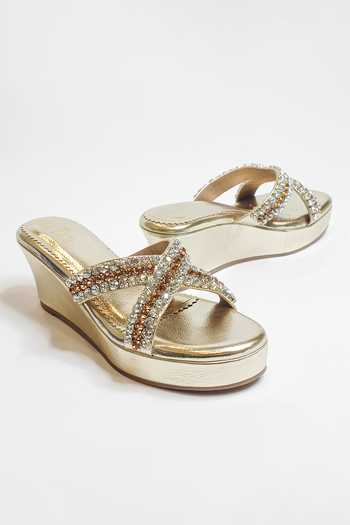 The Alter_Gold Rhinestones Criss Cross Embellished Wedges _at_Aza_Fashions