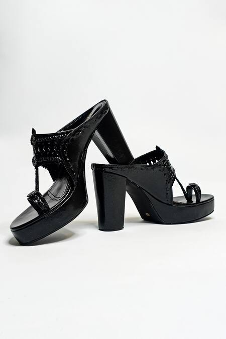 The Alter_Black Cut Work Aisha Prism Kolhapuri Block Heels _at_Aza_Fashions