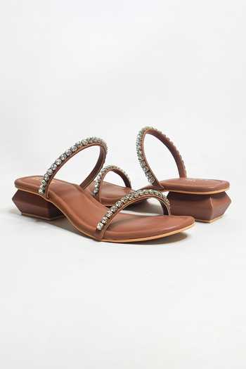 The Alter_Brown Rhinestones Mysha Embellished Block Heels _at_Aza_Fashions
