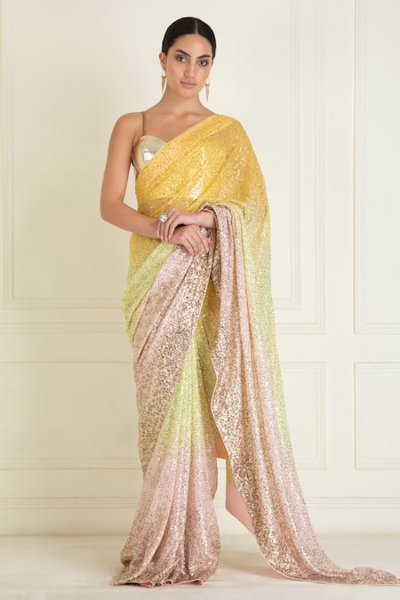 Priyanka Jain Yellow Georgette Embroidery Sequin Ombre Pre-stitched Saree With Bralette