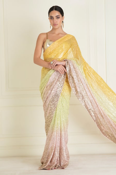 Priyanka Jain_Yellow Georgette, Linen Sequins, Beads, Ombre Pre-stitched Saree With Bralette _Online_at_Aza_Fashions