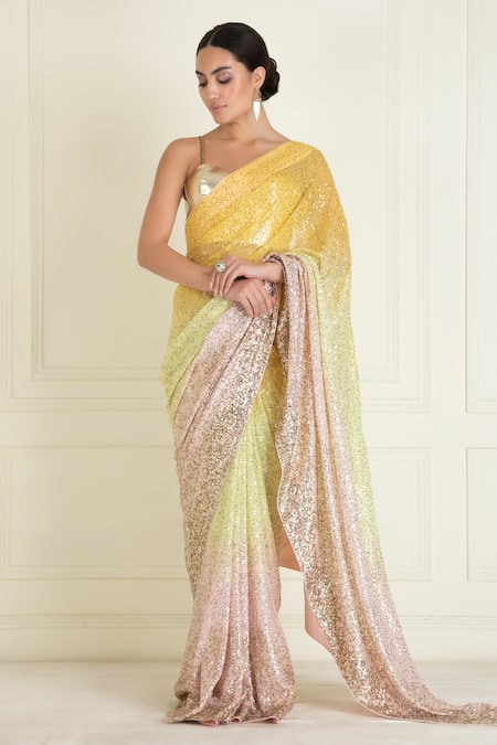 Buy_Priyanka Jain_Yellow Georgette, Linen Sequins, Beads, Ombre Pre-stitched Saree With Bralette _Online_at_Aza_Fashions