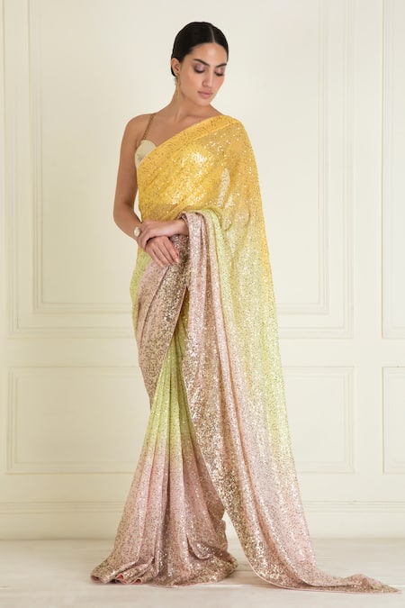 Shop_Priyanka Jain_Yellow Georgette, Linen Sequins, Beads, Ombre Pre-stitched Saree With Bralette _Online_at_Aza_Fashions
