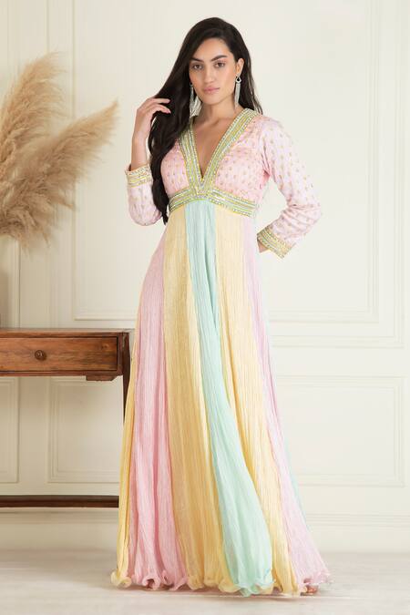 Priyanka Jain_Pink Lurex, Georgette Sequins, Colorblock Neckline Embroidered Anarkali Set _Online_at_Aza_Fashions