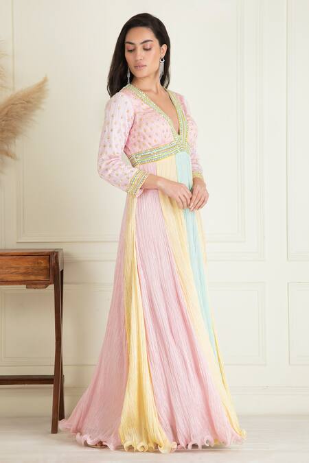 Buy_Priyanka Jain_Pink Lurex, Georgette Sequins, Colorblock Neckline Embroidered Anarkali Set _Online_at_Aza_Fashions