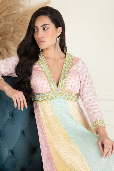 Shop_Priyanka Jain_Pink Lurex, Georgette Sequins, Colorblock Neckline Embroidered Anarkali Set _Online_at_Aza_Fashions