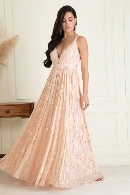 Buy_Priyanka Jain_Peach Lurex, Georgette Sequins, Beads, Embroidery Plunge Neck Anarkali Set _Online_at_Aza_Fashions