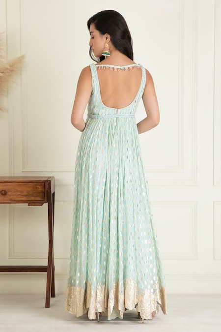 Shop_Priyanka Jain_Blue Lurex, Georgette, Cotton Sequins, Beads, Embroidery Round Work Anarkali Set _at_Aza_Fashions