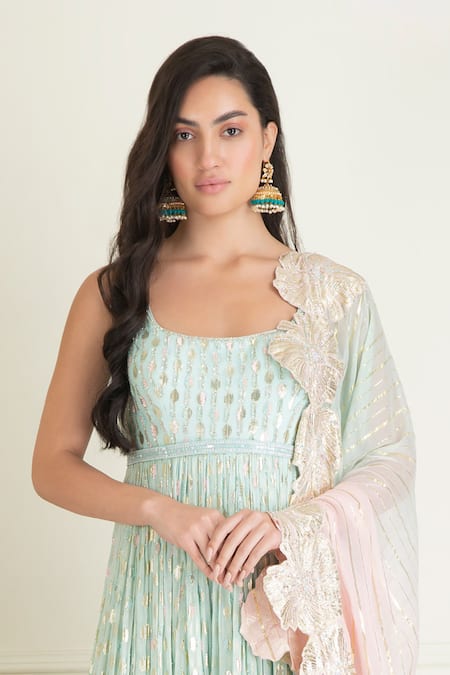 Priyanka Jain_Blue Lurex, Georgette, Cotton Sequins, Beads, Embroidery Round Work Anarkali Set _Online_at_Aza_Fashions