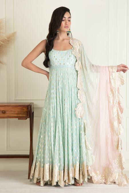 Buy_Priyanka Jain_Blue Lurex, Georgette, Cotton Sequins, Beads, Embroidery Round Work Anarkali Set _Online_at_Aza_Fashions