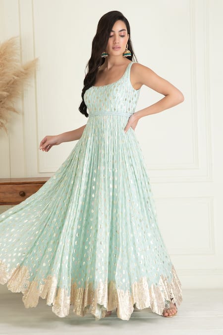 Shop_Priyanka Jain_Blue Lurex, Georgette, Cotton Sequins, Beads, Embroidery Round Work Anarkali Set _Online_at_Aza_Fashions