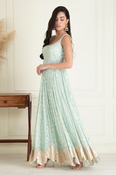 Priyanka Jain_Blue Lurex, Georgette, Cotton Sequins, Beads, Embroidery Round Work Anarkali Set _at_Aza_Fashions