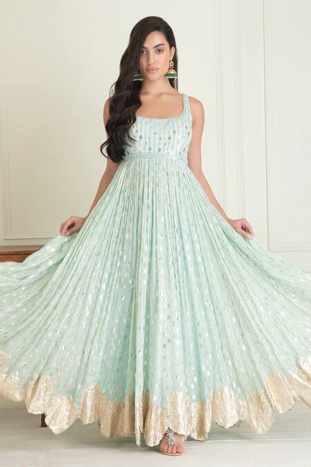 Buy_Priyanka Jain_Blue Lurex, Georgette, Cotton Sequins, Beads, Embroidery Round Work Anarkali Set 