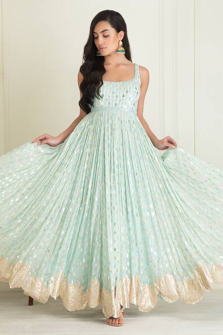 Shop_Priyanka Jain_Blue Lurex, Georgette, Cotton Sequins, Beads, Embroidery Round Work Anarkali Set 