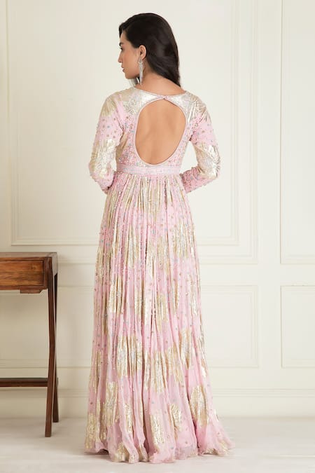 Shop_Priyanka Jain_Pink Lurex, Georgette Sequins, Beads V-neck Work Anarkali Set _at_Aza_Fashions