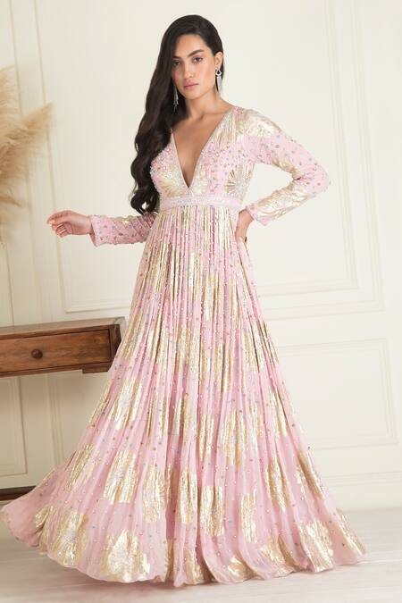 Priyanka Jain_Pink Lurex, Georgette Sequins, Beads V-neck Work Anarkali Set _Online_at_Aza_Fashions