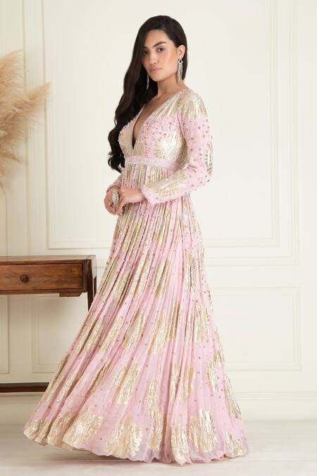 Buy_Priyanka Jain_Pink Lurex, Georgette Sequins, Beads V-neck Work Anarkali Set _Online_at_Aza_Fashions