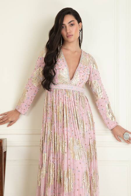 Priyanka Jain_Pink Lurex, Georgette Sequins, Beads V-neck Work Anarkali Set _at_Aza_Fashions