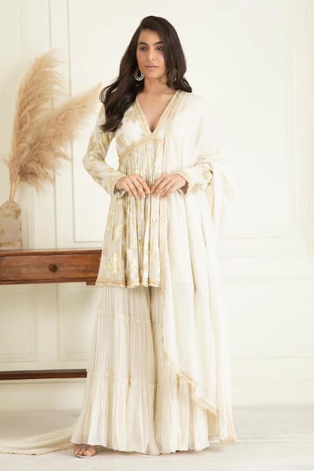 Priyanka Jain Ivory Lurex Georgette Embroidery Sequin Plunge V Neck Peplum Kurta Sharara Set 