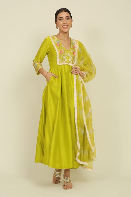 Priyanka Jain Green Chanderi Embroidery Dori V Neck Floral Kurta Palazzo Set 