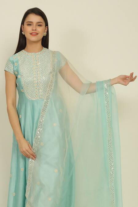 Priyanka Jain_Blue Chanderi, Cotton Beads, Sequins, Dori Embroidered Anarkali Palazzo Set_Online_at_Aza_Fashions