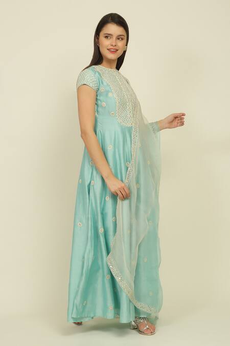 Buy_Priyanka Jain_Blue Chanderi, Cotton Beads, Sequins, Dori Embroidered Anarkali Palazzo Set_Online_at_Aza_Fashions