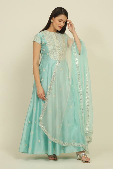 Shop_Priyanka Jain_Blue Chanderi, Cotton Beads, Sequins, Dori Embroidered Anarkali Palazzo Set_Online_at_Aza_Fashions