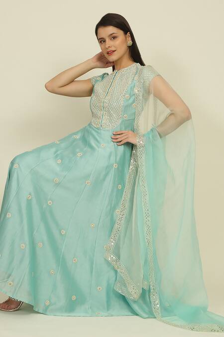 Priyanka Jain_Blue Chanderi, Cotton Beads, Sequins, Dori Embroidered Anarkali Palazzo Set_at_Aza_Fashions