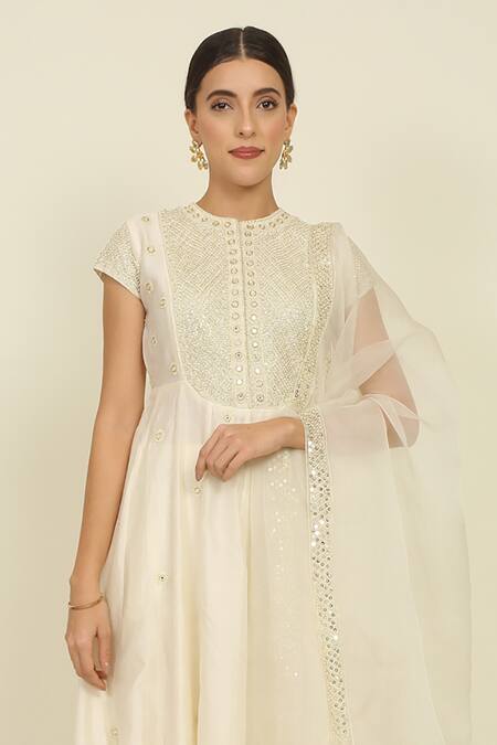 Priyanka Jain_Ivory Chanderi, Cotton Sequins, Beads Round Neck Dori Work Anarkali Palazzo Set_Online_at_Aza_Fashions