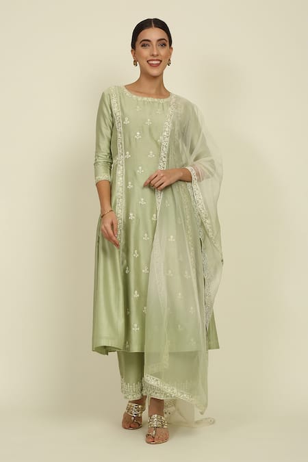 Priyanka Jain Green Chanderi Embroidery Dori Round Stripe Kurta Set 