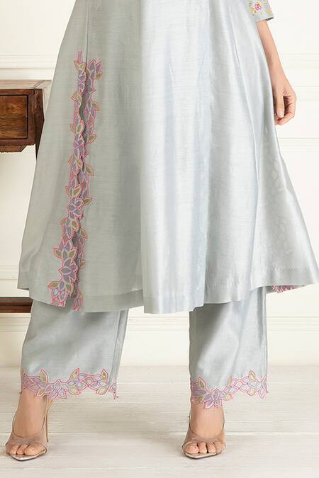Buy_Priyanka Jain_Grey Chanderi, Cotton, Organza Sequins, Florid Aari Yoke Anarkali Set_Online_at_Aza_Fashions