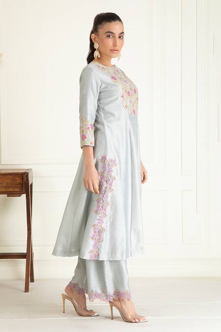 Shop_Priyanka Jain_Grey Chanderi, Cotton, Organza Sequins, Florid Aari Yoke Anarkali Set_Online_at_Aza_Fashions