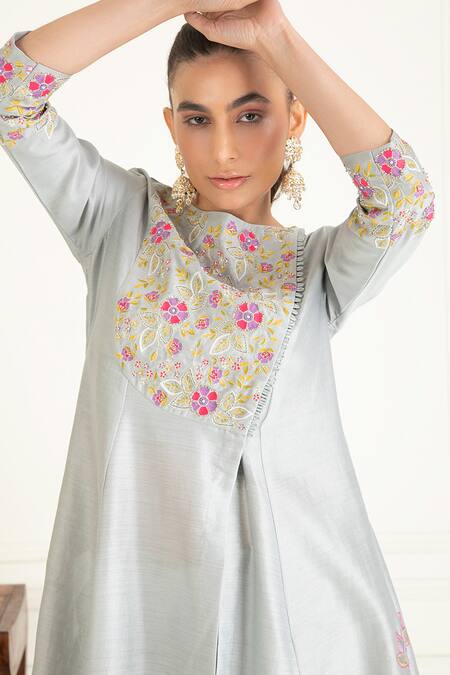 Priyanka Jain_Grey Chanderi, Cotton, Organza Sequins, Florid Aari Yoke Anarkali Set_at_Aza_Fashions