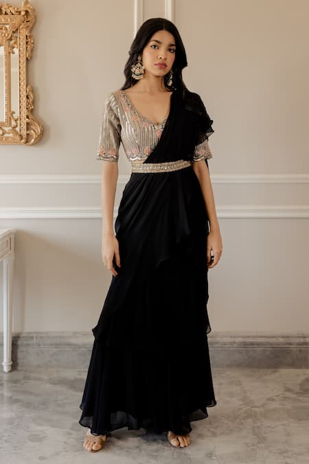 Buy Paulmi And Harsh Black Saree Georgette Blouse Cotton Silk Floral And Striped With Embroidered Online at Aza Fashions Buy_Paulmi And Harsh_Black Saree Georgette Blouse Cotton Silk Floral And Striped With Embroidered _Online_at_Aza_Fashions