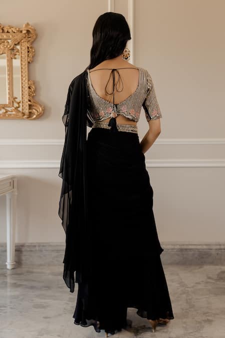 Shop Paulmi And Harsh Black Saree Georgette Blouse Cotton Silk Floral And Striped With Embroidered at Aza Fashions Shop_Paulmi And Harsh_Black Saree Georgette Blouse Cotton Silk Floral And Striped With Embroidered _at_Aza_Fashions