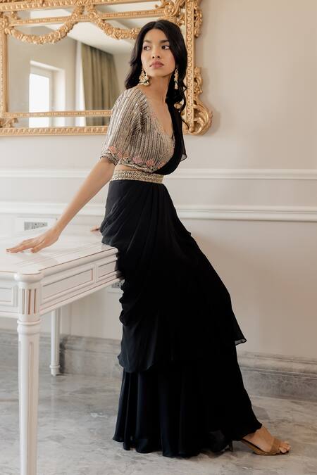 Paulmi And Harsh Black Saree Georgette Blouse Cotton Silk Floral And Striped With Embroidered Online at Aza Fashions Paulmi And Harsh_Black Saree Georgette Blouse Cotton Silk Floral And Striped With Embroidered _Online_at_Aza_Fashions