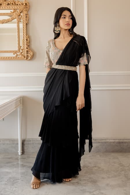 Paulmi and Harsh Black Saree Georgette Blouse Cotton Silk Embroidered Floral And Striped With