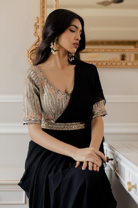 Shop Paulmi And Harsh Black Saree Georgette Blouse Cotton Silk Floral And Striped With Embroidered Online at Aza Fashions Shop_Paulmi And Harsh_Black Saree Georgette Blouse Cotton Silk Floral And Striped With Embroidered _Online_at_Aza_Fashions