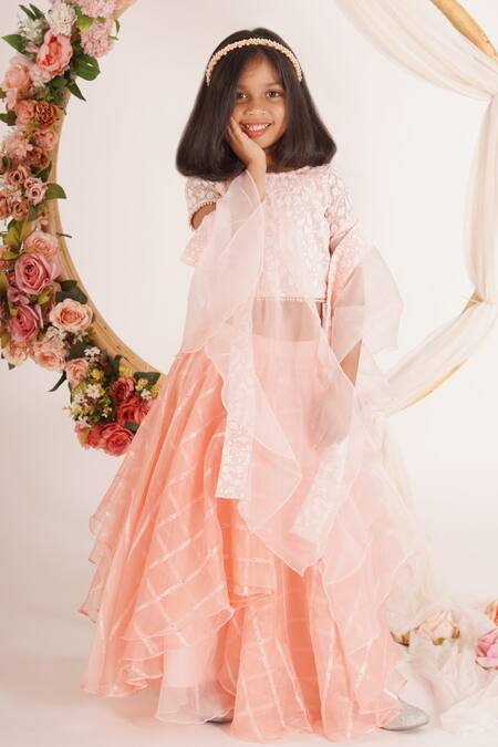 Buy_Mei & ZU_Peach Organza, Georgette, Cotton Pearls, Sequins Work Lehenga Set_Online_at_Aza_Fashions