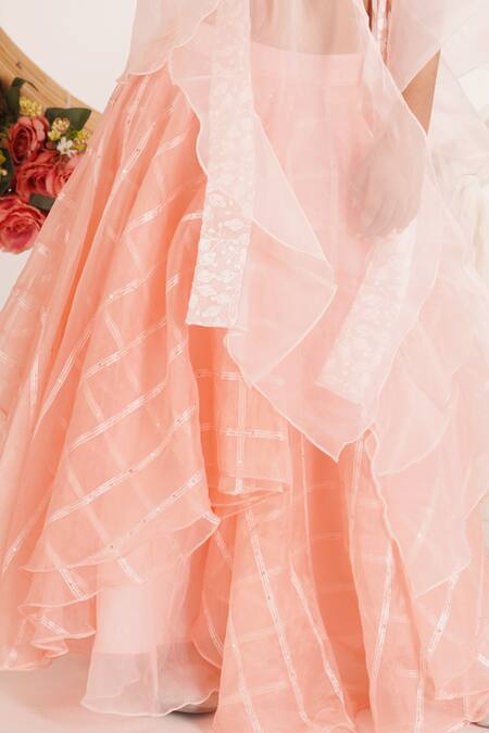 Shop_Mei & ZU_Peach Organza, Georgette, Cotton Pearls, Sequins Work Lehenga Set_Online_at_Aza_Fashions