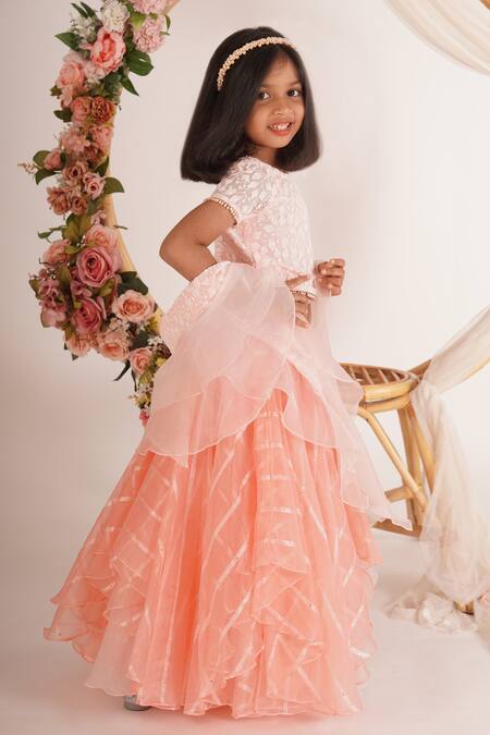 Mei & ZU_Peach Organza, Georgette, Cotton Pearls, Sequins Work Lehenga Set_at_Aza_Fashions