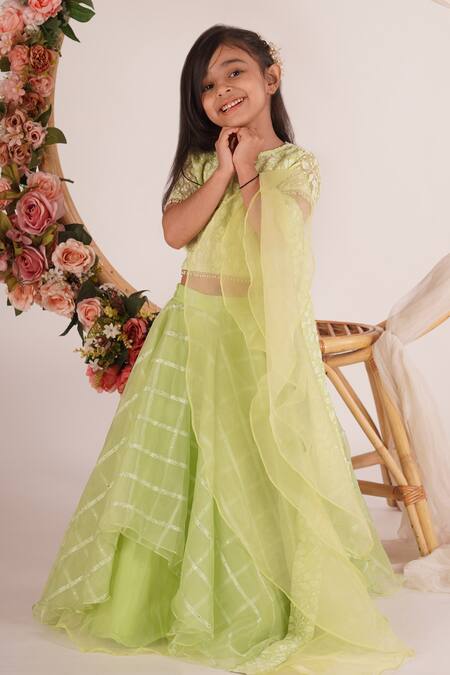 Mei & ZU_Green Organza, Georgette, Cotton Embroidery, Sequins, Pearls Layered Lehenga Set_Online_at_Aza_Fashions