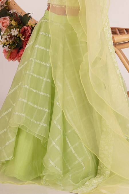 Buy_Mei & ZU_Green Organza, Georgette, Cotton Embroidery, Sequins, Pearls Layered Lehenga Set_Online_at_Aza_Fashions